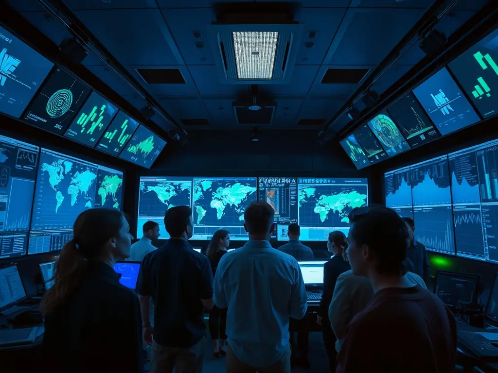 A high-tech control room with screens displaying data and a team of professionals discussing strategies.